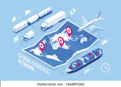 Global logistics network isometric illustration Icons set of air cargo trucking rail transportation maritime shipping On-time delivery Vehicles designed to carry large numbers of cargo