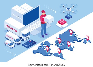 Global logistics network isometric illustration Icons set of air cargo trucking rail transportation maritime shipping On-time delivery Vehicles designed to carry large numbers of cargo