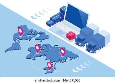 Global logistics network isometric illustration Icons set of air cargo trucking rail transportation maritime shipping On-time delivery Vehicles designed to carry large numbers of cargo