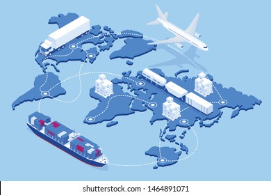 Global logistics network isometric illustration Icons set of air cargo trucking rail transportation maritime shipping On-time delivery Vehicles designed to carry large numbers of cargo - Shutterstock ID 1464891071