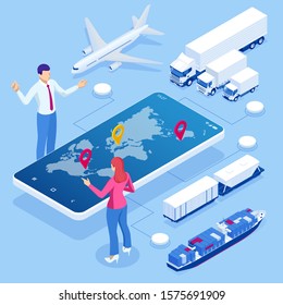 Global logistics network isometric illustration Icons set of air cargo trucking rail transportation maritime shipping On-time delivery Vehicles designed to carry large numbers of cargo