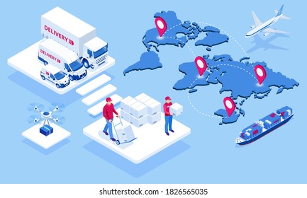 Global logistics network isometric illustration Icons set of air cargo trucking rail transportation maritime shipping On-time delivery Vehicles designed to carry large numbers of cargo