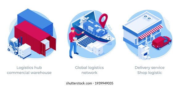 Global logistics network isometric illustration Icons set of air cargo trucking rail transportation maritime shipping On-time delivery Vehicles designed to carry large numbers of cargo