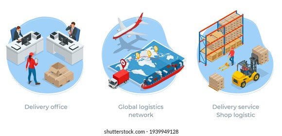 Global logistics network isometric illustration Icons set of air cargo trucking rail transportation maritime shipping On-time delivery Vehicles designed to carry large numbers of cargo