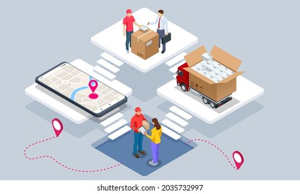 Global logistics network isometric illustration. Isometric Logistics and Delivery concept. Delivery home and office. City logistics. Warehouse, truck, forklift, courier. On-time delivery