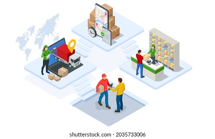 Global logistics network isometric illustration. Isometric Logistics and Delivery concept. Delivery home and office. City logistics. Warehouse, truck, forklift, courier. On-time delivery