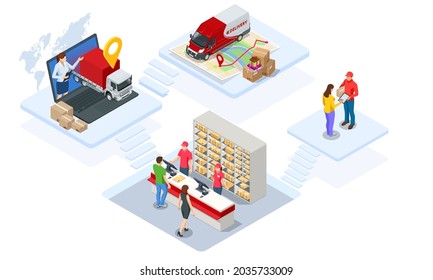 Global logistics network isometric illustration. Isometric Logistics and Delivery concept. Delivery home and office. City logistics. Warehouse, truck, forklift, courier. On-time delivery