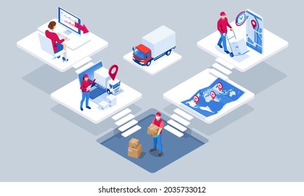 Global logistics network isometric illustration. Isometric Logistics and Delivery concept. Delivery home and office. City logistics. Warehouse, truck, forklift, courier. On-time delivery