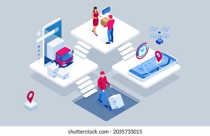 Global logistics network isometric illustration. Isometric Logistics and Delivery concept. Delivery home and office. City logistics. Warehouse, truck, forklift, courier. On-time delivery