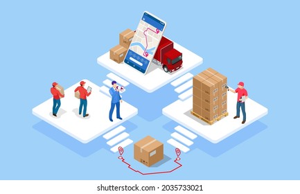 Global logistics network isometric illustration. Isometric Logistics and Delivery concept. Delivery home and office. City logistics. Warehouse, truck, forklift, courier. On-time delivery