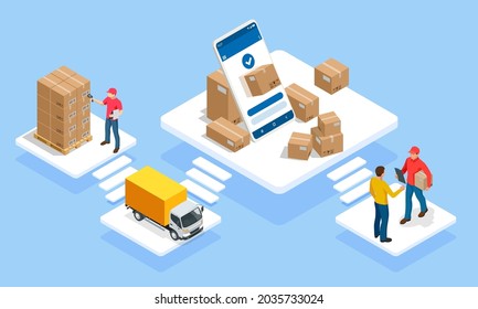 Global logistics network isometric illustration. Isometric Logistics and Delivery concept. Delivery home and office. City logistics. Warehouse, truck, forklift, courier. On-time delivery