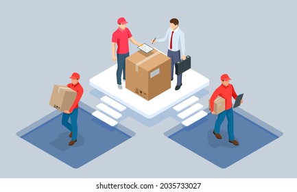 Global logistics network isometric illustration. Isometric Logistics and Delivery concept. Delivery home and office. City logistics. Warehouse, truck, forklift, courier. On-time delivery