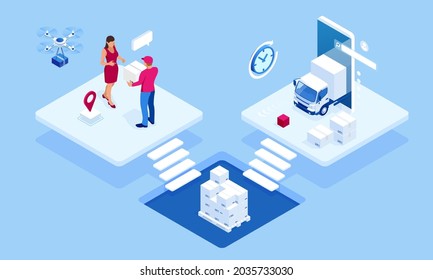 Global logistics network isometric illustration. Isometric Logistics and Delivery concept. Delivery home and office. City logistics. Warehouse, truck, forklift, courier. On-time delivery