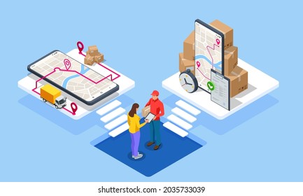 Global logistics network isometric illustration. Isometric Logistics and Delivery concept. Delivery home and office. City logistics. Warehouse, truck, forklift, courier. On-time delivery