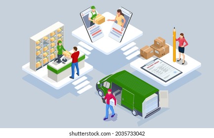 Global logistics network isometric illustration. Isometric Logistics and Delivery concept. Delivery home and office. City logistics. Warehouse, truck, forklift, courier. On-time delivery