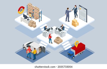 Global logistics network isometric illustration. Isometric Logistics and Delivery concept. Delivery home and office. City logistics. Warehouse, truck, forklift, courier. On-time delivery