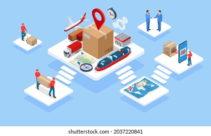 Ilustración isométrica de la red logística global. Concepto de logística y entrega isométrica. Entrega a casa y oficina. Logística de la ciudad. Almacén, camión, carretilla elevadora, mensajero. Entrega a tiempo