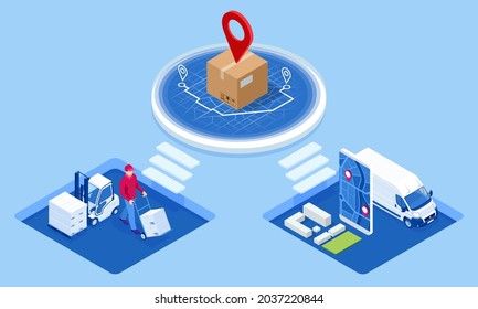 Global logistics network isometric illustration. Isometric Logistics and Delivery concept. Delivery home and office. City logistics. Warehouse, truck, forklift, courier. On-time delivery