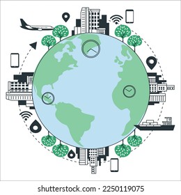 Global logistics network isometric illustration Icons set of air cargo trucking rail transportation maritime shipping On-time delivery Vehicles designed to carry large numbers of cargo. Business world