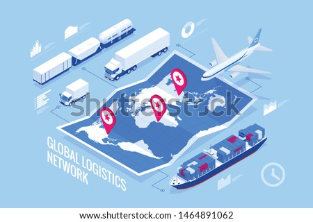 Global logistics network isometric illustration Icons set of air cargo trucking rail transportation maritime shipping On-time delivery Vehicles designed to carry large numbers of cargo