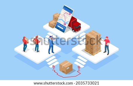 Global logistics network isometric illustration. Isometric Logistics and Delivery concept. Delivery home and office. City logistics. Warehouse, truck, forklift, courier. On-time delivery