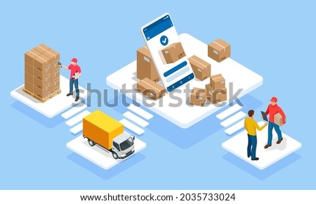 Global logistics network isometric illustration. Isometric Logistics and Delivery concept. Delivery home and office. City logistics. Warehouse, truck, forklift, courier. On-time delivery