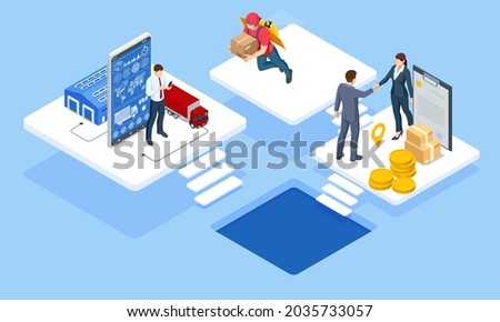 Global logistics network isometric illustration. Isometric Logistics and Delivery concept. Delivery home and office. City logistics. Warehouse, truck, forklift, courier. On-time delivery