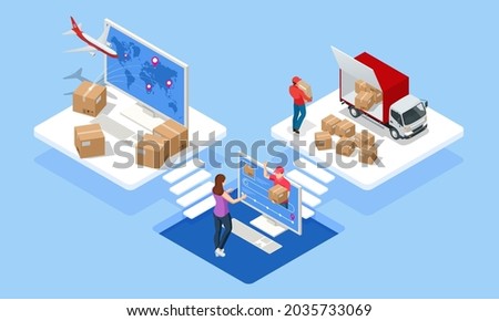 Global logistics network isometric illustration. Air cargo trucking rail transportation maritime shipping On-time delivery Vehicles designed to carry large numbers of cargo
