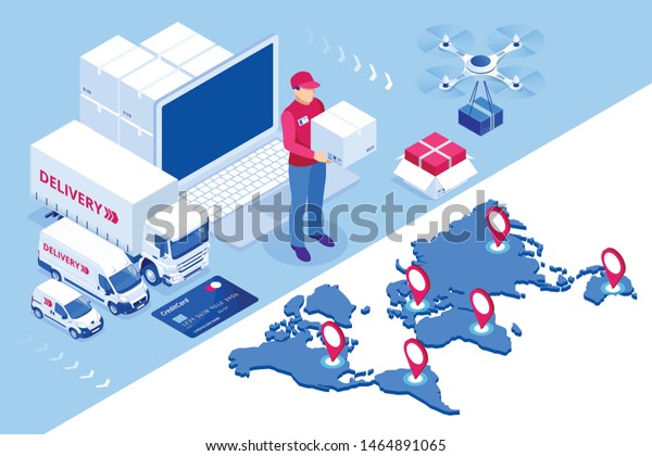 Global\
logistics network isometric illustration Icons set of air cargo\
trucking rail transportation maritime shipping On-time delivery\
Vehicles designed to carry large numbers of\
cargo