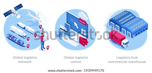 Global\
logistics network isometric illustration Icons set of air cargo\
trucking rail transportation maritime shipping On-time delivery\
Vehicles designed to carry large numbers of\
cargo