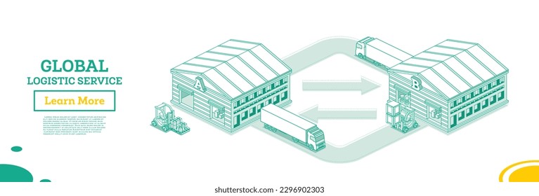 Red Logística Mundial. Concepto de contorno isométrico. Almacenes y camiones de carga. Cargar y mover bienes entre almacenes. Ilustración vectorial.