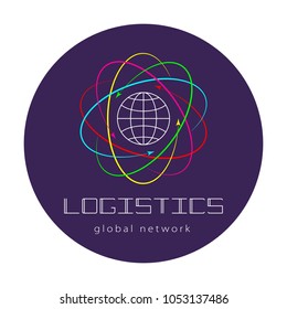 Global logistics network. Map global logistics partnership connection.  Global logistics concept and lettering on violet circle.  Flat design. Vector illustration EPS10.
