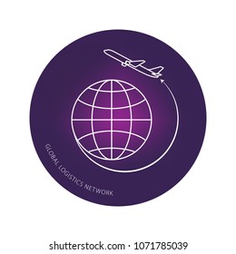 Global logistics network. Map global logistics partnership connection. Airplane connections network concept in violet circle.  Flat design. Vector illustration EPS10.