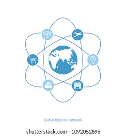 Global logistics network. Map global logistics partnership connection.  White similar world map and logistics icons.  Flat design. Vector illustration EPS10.
