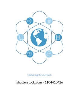 Global Logistics Network. Map Global Logistics Partnership Connection.  White Similar World Map And Logistics Icons.  Flat Design. Vector Illustration EPS10.