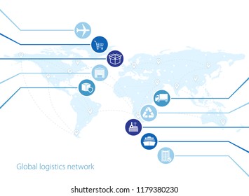 Global logistics network. Map global logistics partnership connection.  Similar world map with geolocation and logistics icons.  Flat design. Vector illustration EPS10. 