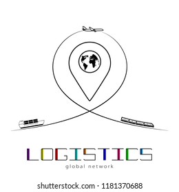 Global logistics network. Map global logistics partnership connection. Ship, airplane and train connections network concept and colorful lettering.  Flat design. Vector illustration EPS10.