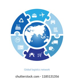 Global logistics network. Map global logistics partnership connection.  Similar world map with geolocation and logistics icons. Simple icon circle puzzle. Flat design. Vector illustration EPS10. 