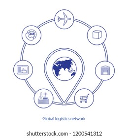 Global logistics network. Map global logistics partnership connection.  White similar world map and logistics icons in blue.  Flat design. Vector illustration EPS10.