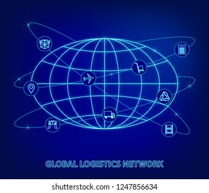 Global logistics network. Map global logistics partnership connection. Globe and logistics icons in the form of satellites in neon style.  Flat design. Vector illustration EPS10.