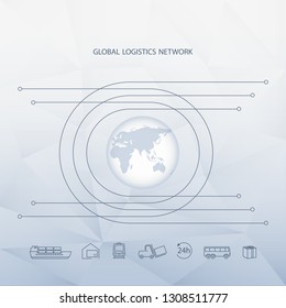 Global logistics network. Map global logistics partnership connection.  Globe and logistics icons on polygonal background.  Flat design. Vector illustration EPS10.