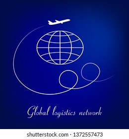 Global logistics network. Map global logistics partnership connection. Airplane connections network concept on blue backgrpund.  The plane flies around globe.  Vector illustration EPS10.