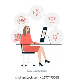 Global logistics network. Map global logistics partnership connection. Girl logistics manager working at the computer.  Vector illustration EPS10.