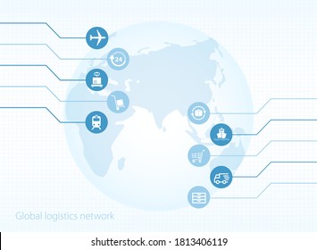 Red logística global. Mapa de la conexión global de la alianza logística.  Mapa del mundo similar en blanco e iconos logísticos para su diseño.   EPS10.