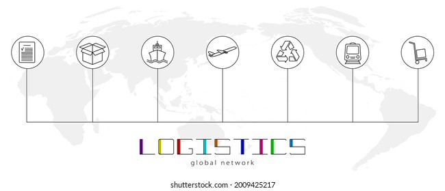 Global logistics network. Map global logistics partnership connection. Similar world map and logistics icons for your web site design, logo, app, UI.  EPS10.