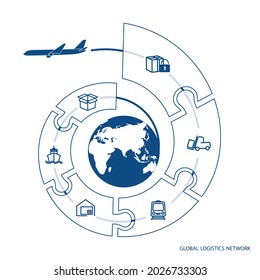 Global logistics network. Map global logistics partnership connection.  White similar world map with puzzle  and logistics icons for your design.  EPS10.
