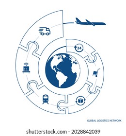 Global logistics network. Map global logistics partnership connection.  White similar world map with puzzle  and logistics icons for your design.  EPS10.