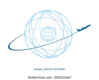 Global logistics network. Map global logistics partnership connection.  The plane flies around stylized globe for your design.  