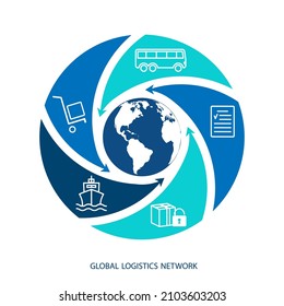 Global logistics network. Map global logistics partnership connection in blue.  White similar world map and logistics icons for your design.   EPS10.