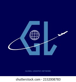 Global logistics network. Map global logistics partnership connection in blue. Letters G and L. The plane flies around stylized globe for your design.  EPS10. 